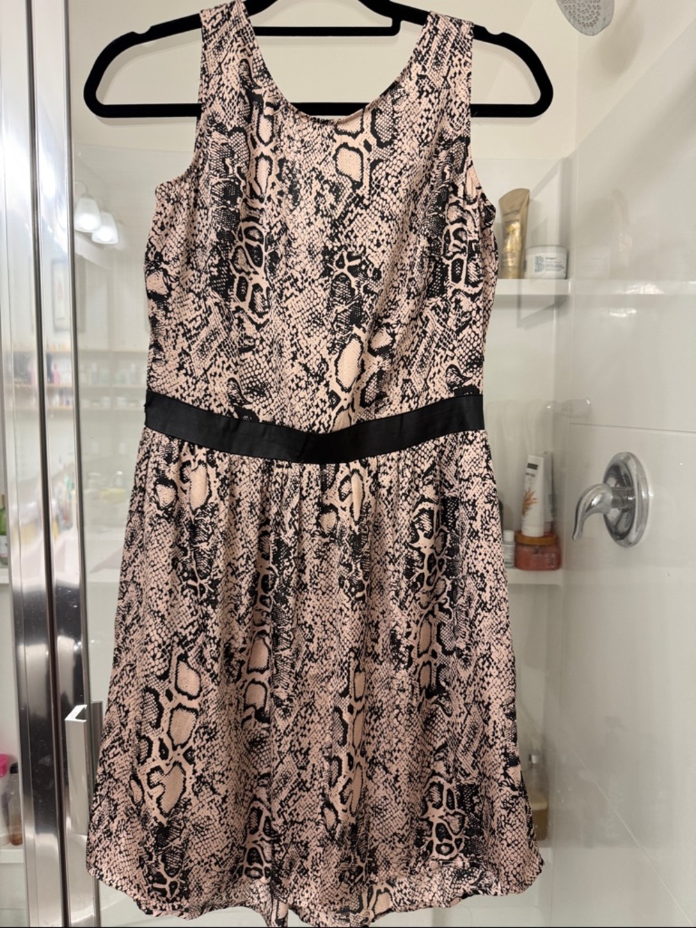 Snake Print Sleeveless Skater Dress with Black Waistband